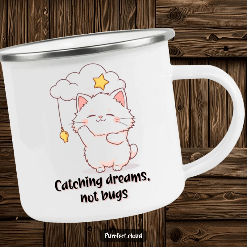 Funny fluffy cat character batting at a star from a cloud, this durable camping mug is ready for any adventure.