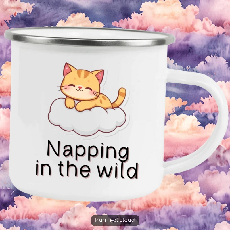 A ginger cat character peacefully floating on a cloud, printed on a rugged camping mug for serene journeys.