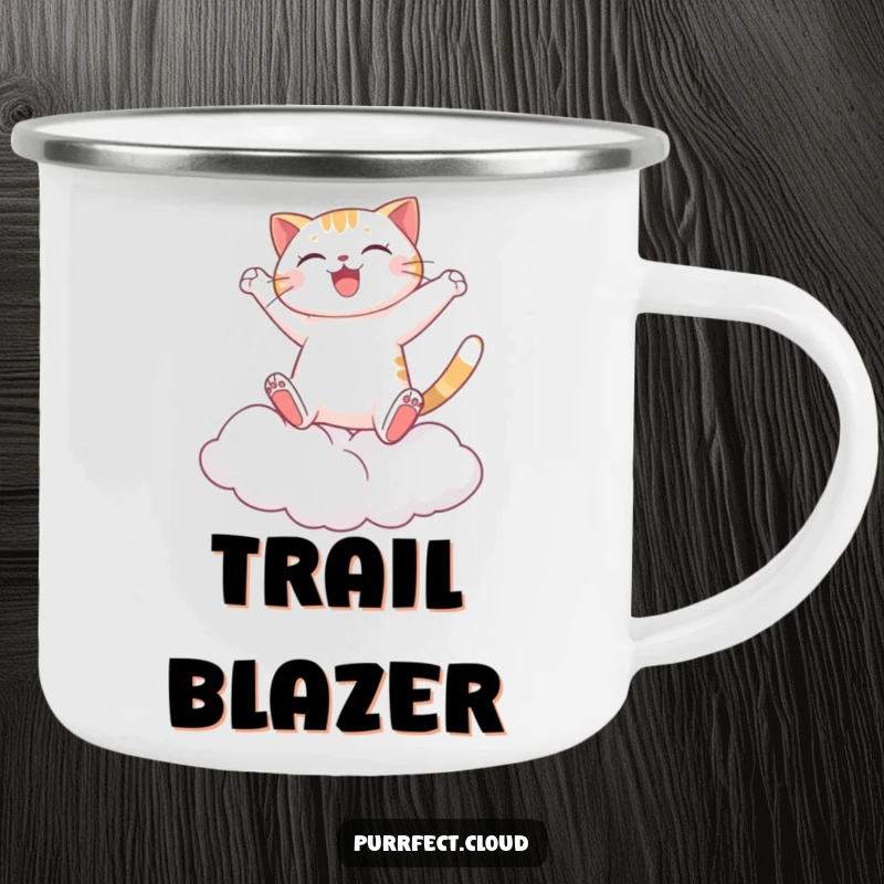 Funny Cat Camping Mug, a joyful cat leaping between clouds, perfect for adding playful adventure and fun to outdoor beverages.