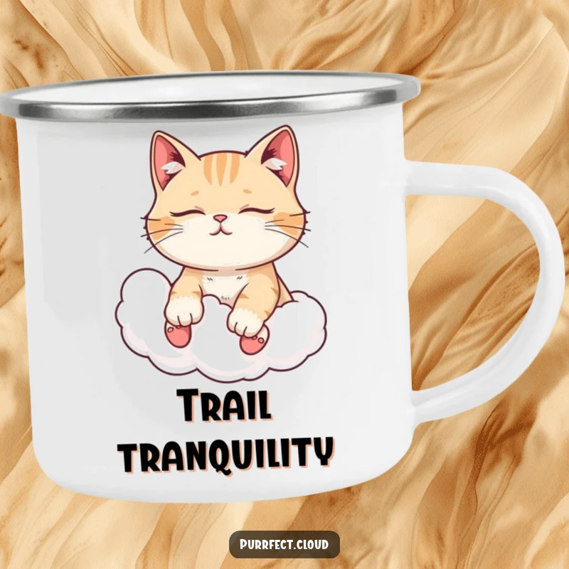 Funny cat camping mug, with closed eyes, enjoying a cloud ride, perfect for outdoor relaxation and enjoyment.