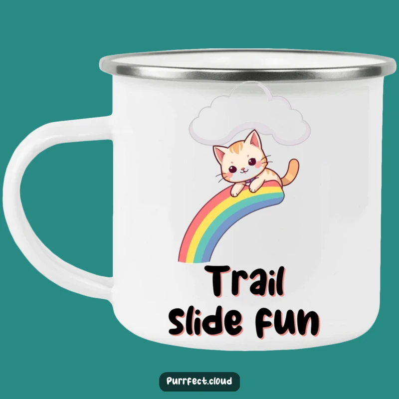 Funny Playful Cat Camping Mug - Outdoor Fun with Rainbow Slide Gift