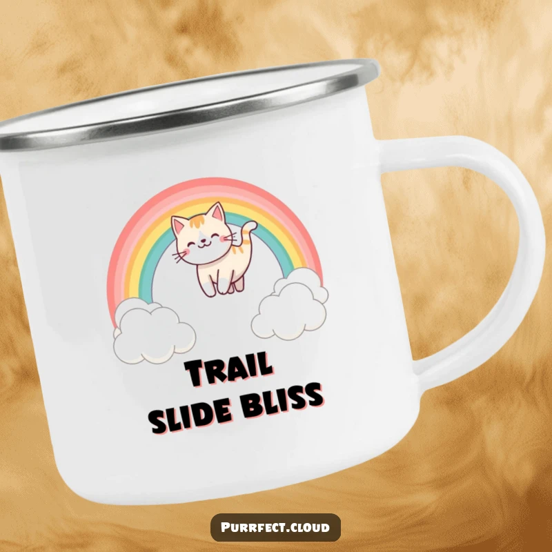 Funny rainbow sliding cat camping mug, depicting a cat sliding down a rainbow over clouds, ideal for hot beverages during adventures, a humorous gift.