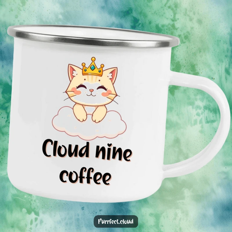 Funny camping mug with a majestic cat wearing a tiny crown, ruling from a cloud, perfect for regal outdoor enjoyment.