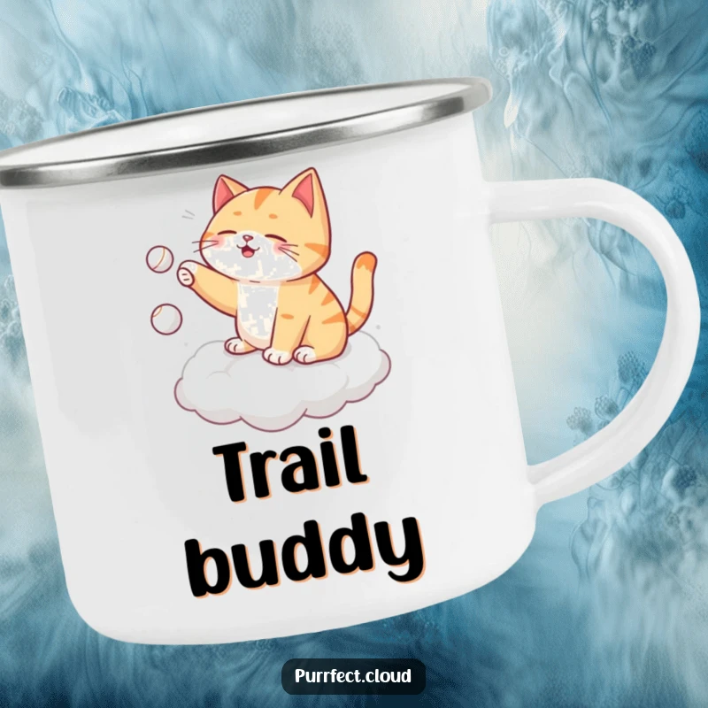 Funny cat camping mug, playing fetch with itself on a cloud, tossing a tiny ball, perfect for outdoor fun.