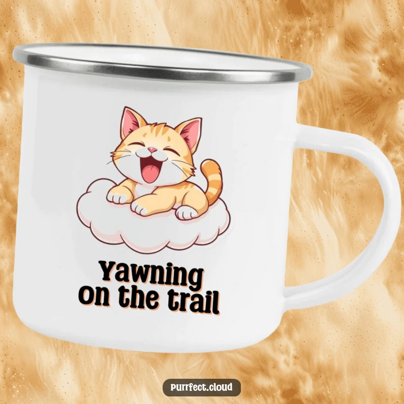 Funny Yawning Cat Camping Mug: Playful cat yawning on a cloud, durable outdoor drinkware with a relaxing and humorous design. A great funny gift.