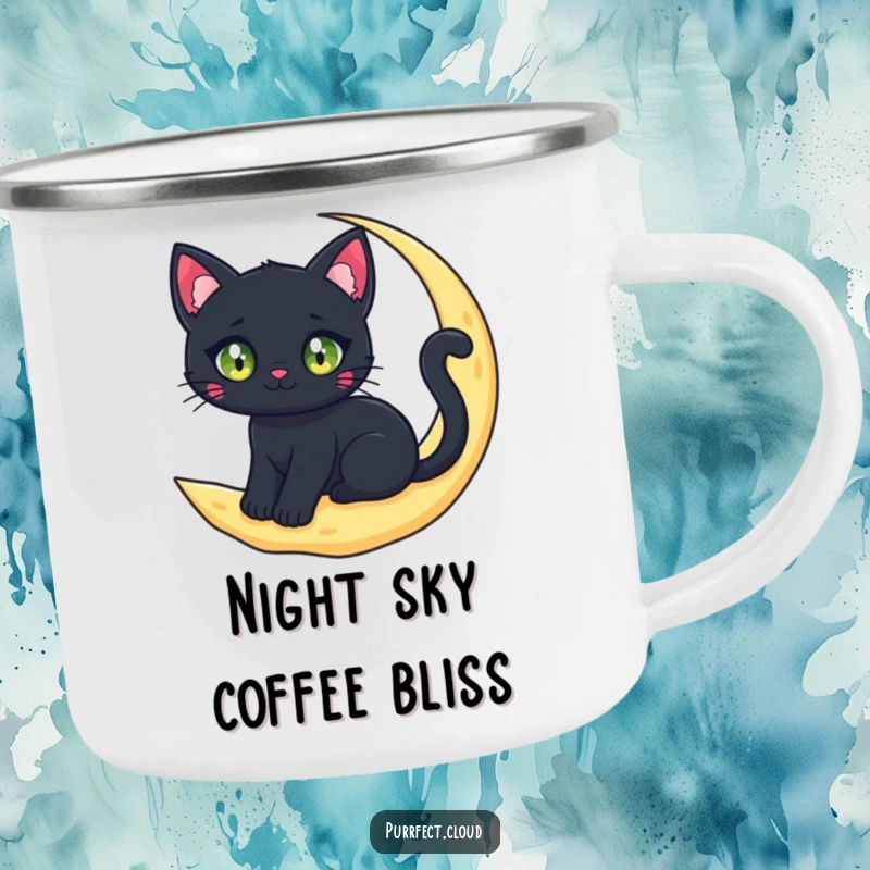 A black cat character with sparkling eyes sits on a crescent moon cloud, printed on a rugged camping mug for magical adventures.