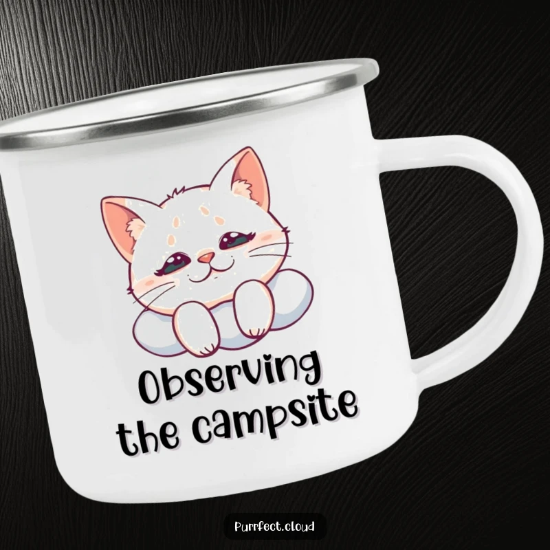 Funny camping mug featuring a cat with a mischievous grin looking down from a cloud, perfect for enjoying drinks with playful, sly charm outdoors.
