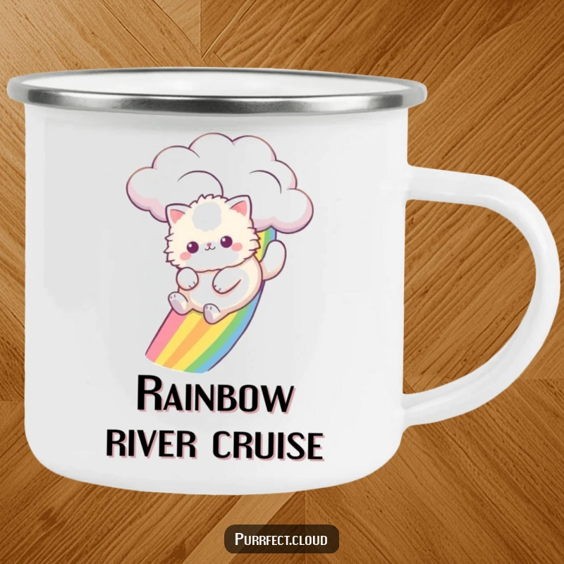 Funny cat sliding down a vibrant rainbow from a cloud, ready for adventure on this durable camping mug.