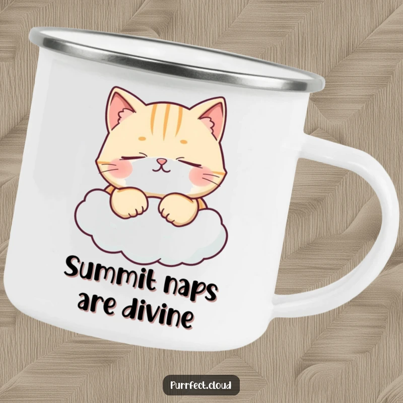Funny camping mug featuring a purring cat with closed eyes on a cloud, perfect for enjoying drinks outdoors with humor.