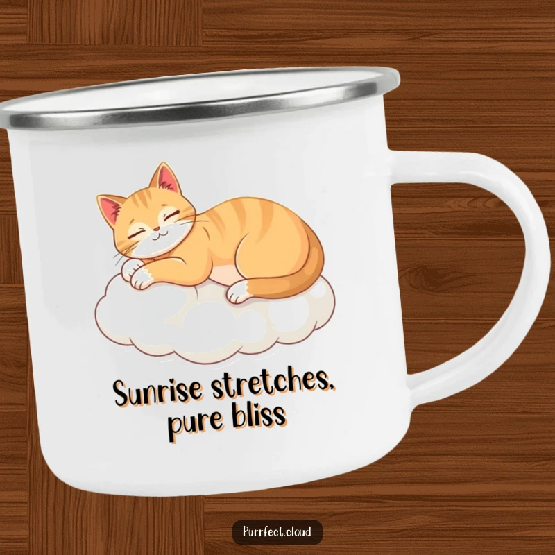 Funny camping mug featuring a serene cat stretching on a cloud, perfect for enjoying drinks outdoors with a humorous touch.