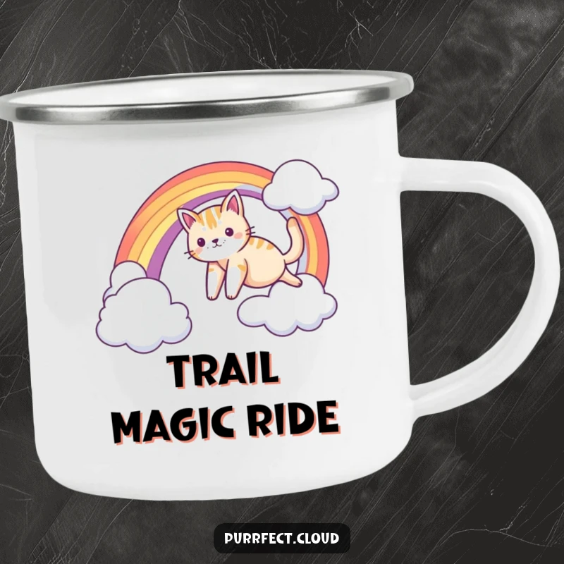 Funny camping mug showing a cat sliding down a rainbow arc, perfect for outdoor adventures and humor lovers.