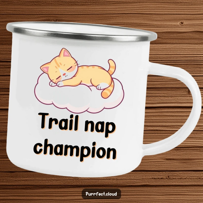 Funny cat stretching on a cloud, sturdy camping mug, ideal funny gift for outdoor relaxation.