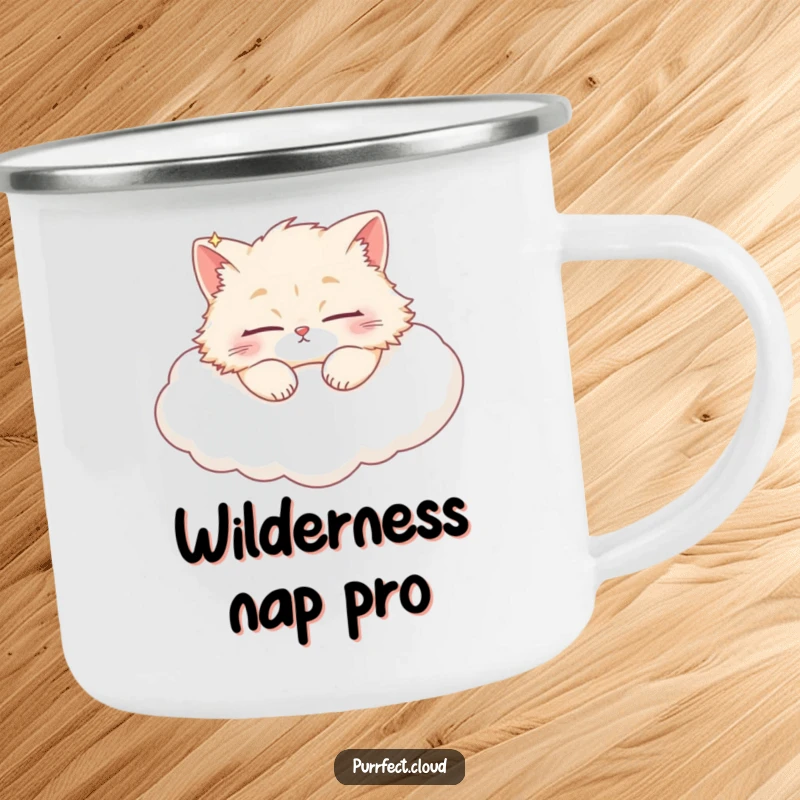 Funny fluffy cat peacefully sleeping on a cloud, a cozy companion on this durable camping mug for adventurers.