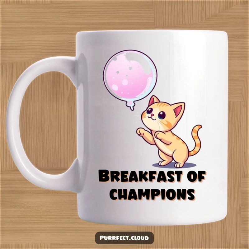 Funny mug showing a cat poised to pounce on a floating dream bubble, embodying playful ambition and chasing aspirations.