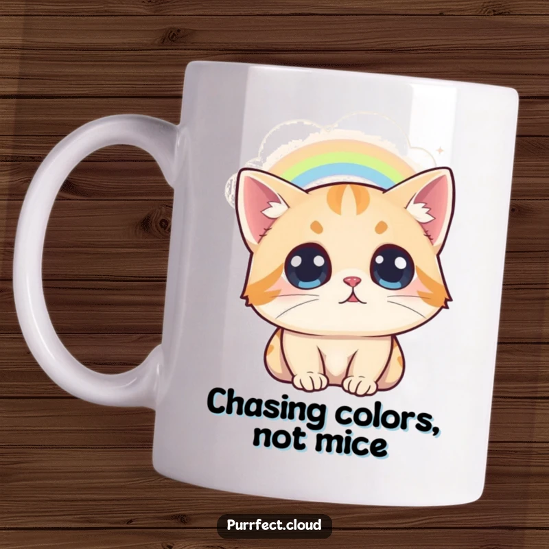 Funny Wide-Eyed Cat Mug, a cat looks at a rainbow from a cloud, amazed and hopeful expression, great gift.