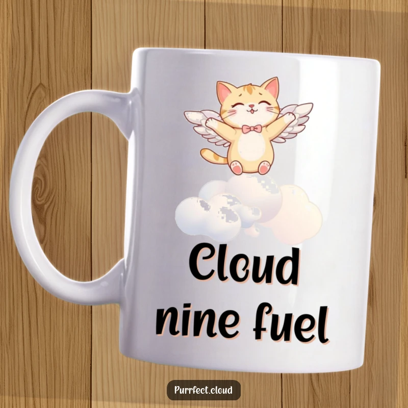 Funny angel cat mug, with wings, soaring joyfully above clouds, symbolizing freedom and humor, a heavenly gift.
