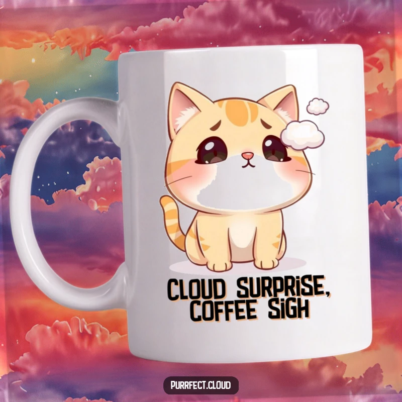 Funny cat mug showing a cat with wide eyes looking surprised as a tiny cloud tickles its nose, whimsical and humorous.