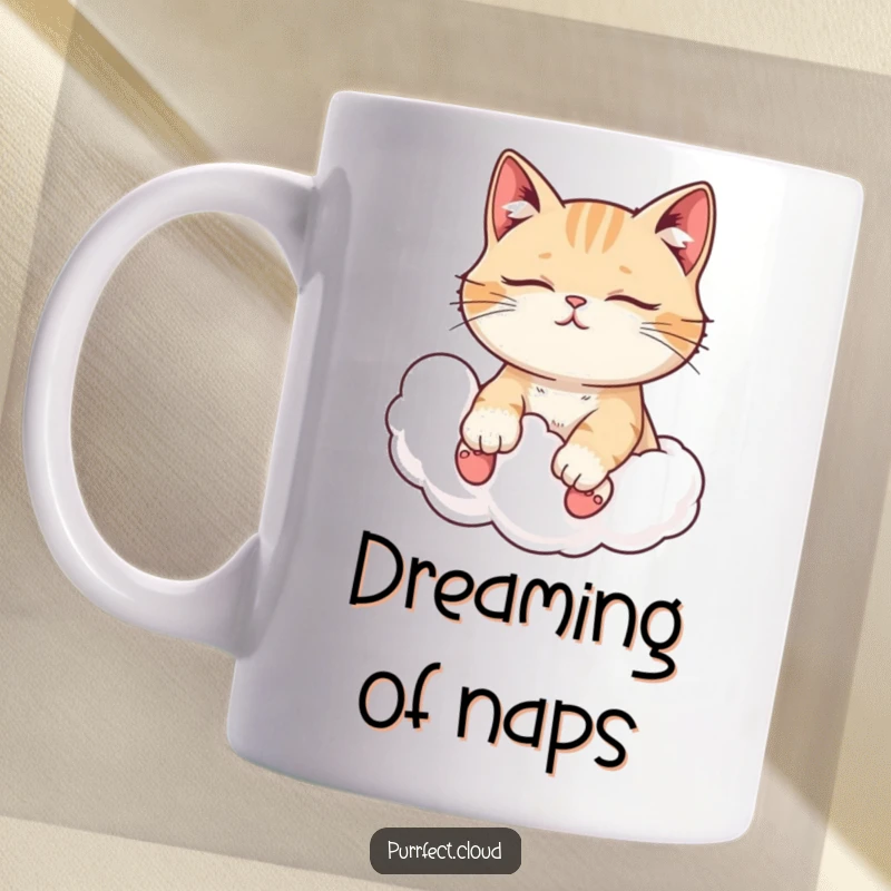 Funny peaceful cat mug, with closed eyes, enjoying a cloud ride, symbolizing serenity and relaxation, a calming gift.