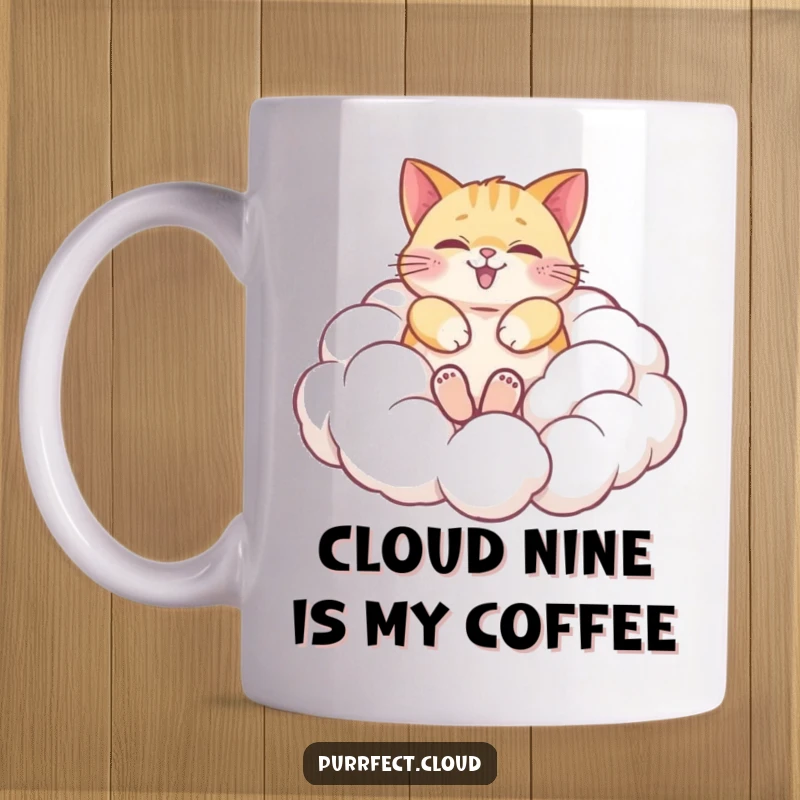 Funny mug featuring a blissfully happy cat rolling joyfully in a pile of soft, fluffy clouds, radiating pure contentment and whimsical delight.