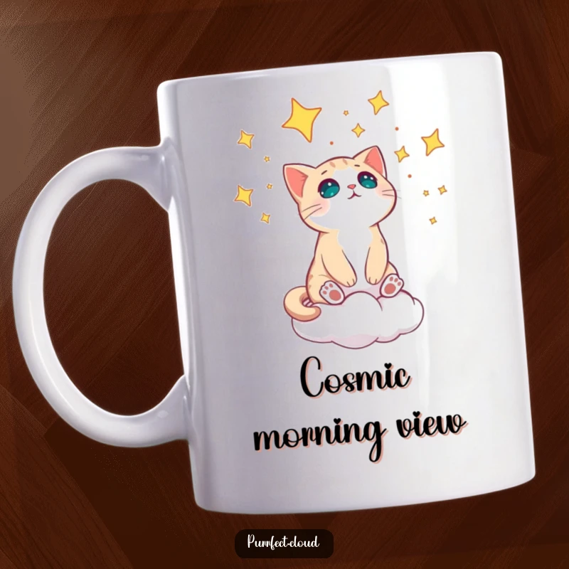Funny cat on a cloud looking up in amazement at a starry night sky on a mug.