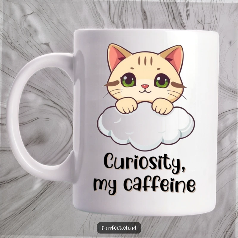 Funny cat mug showing a cat peeking curiously over the edge of a cloud with wide, inquisitive eyes, whimsical and charming.