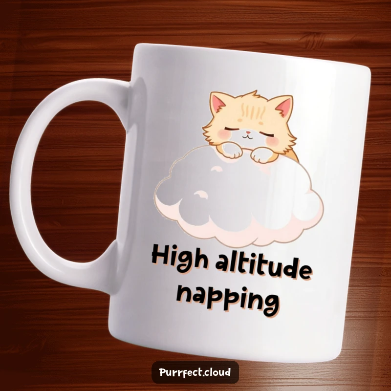 Funny Fluffy Cat Mug featuring a content kitty sleeping soundly on a soft, white cloud, radiating peace and comfort.