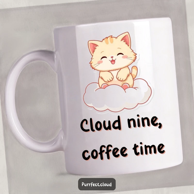 Funny cloud cat mug with a fluffy feline joyfully bouncing mid-air on a soft cloud with a wide, happy smile.