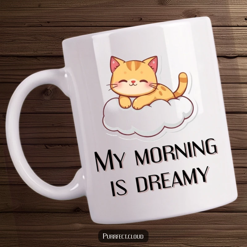 Funny ginger cat character peacefully floating on a fluffy cloud, depicted on a ceramic mug.