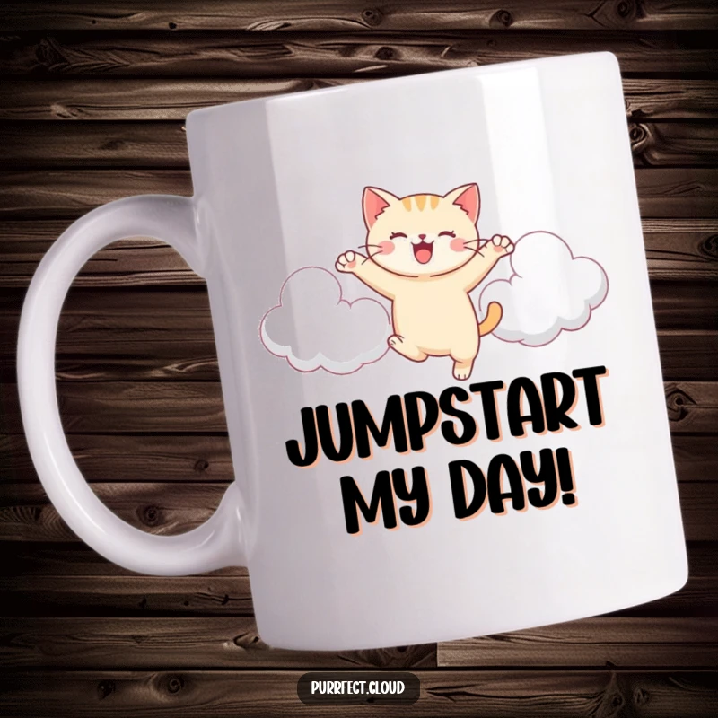 Funny Joyful Cat Mug, a cat leaps between clouds, energetic and playful, cute and fun design, great gift.