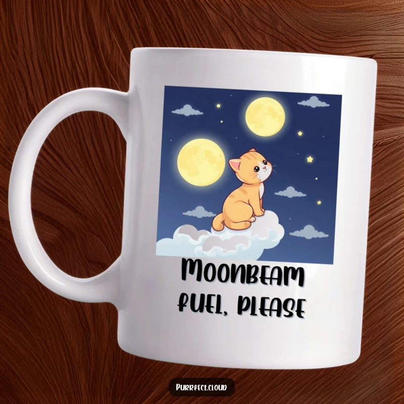 Funny cat mug, a cat gazes at the moon from a cloud perch, whimsical night sky art.