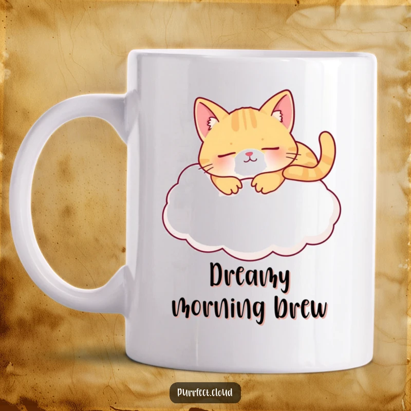 Funny napping cat cloud mug with a content cat peacefully sleeping on a fluffy white cloud, ideal for relaxation and cat fans.