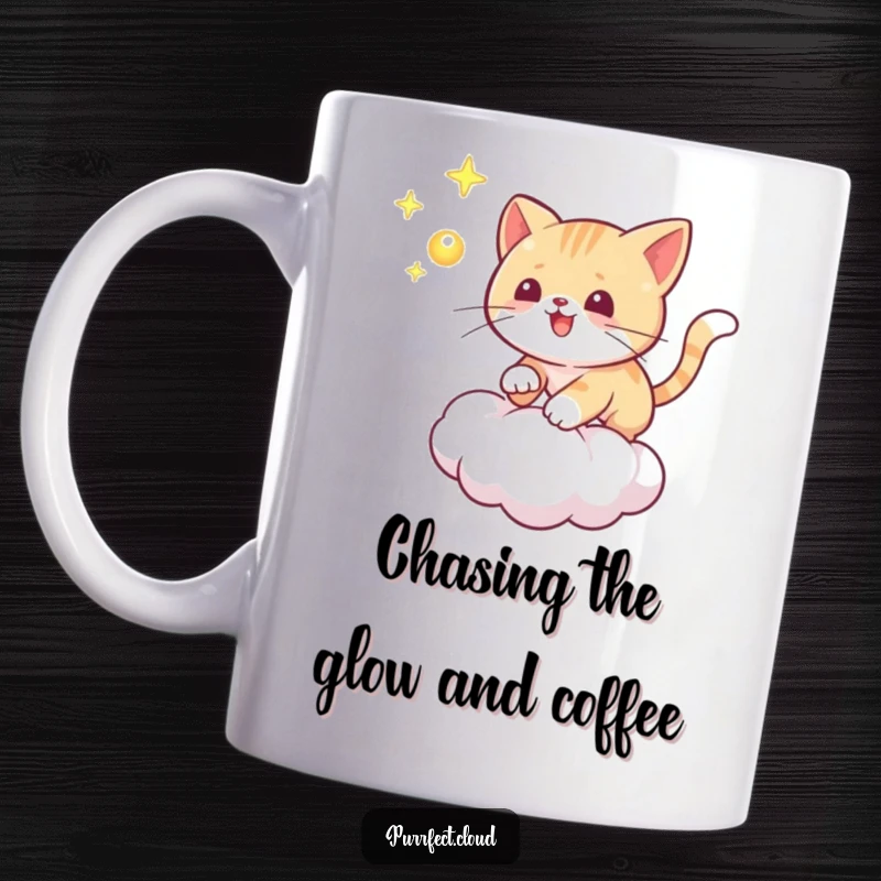 Funny cat mug showing a playful cat chasing a glowing orb on a cloud, energetic and mystical.
