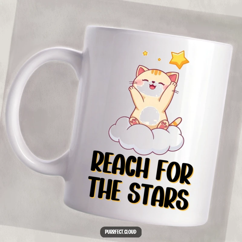 Funny playful cat star mug with a cat batting at a star while sitting on a cloud, ideal for dreamers and cat fans.
