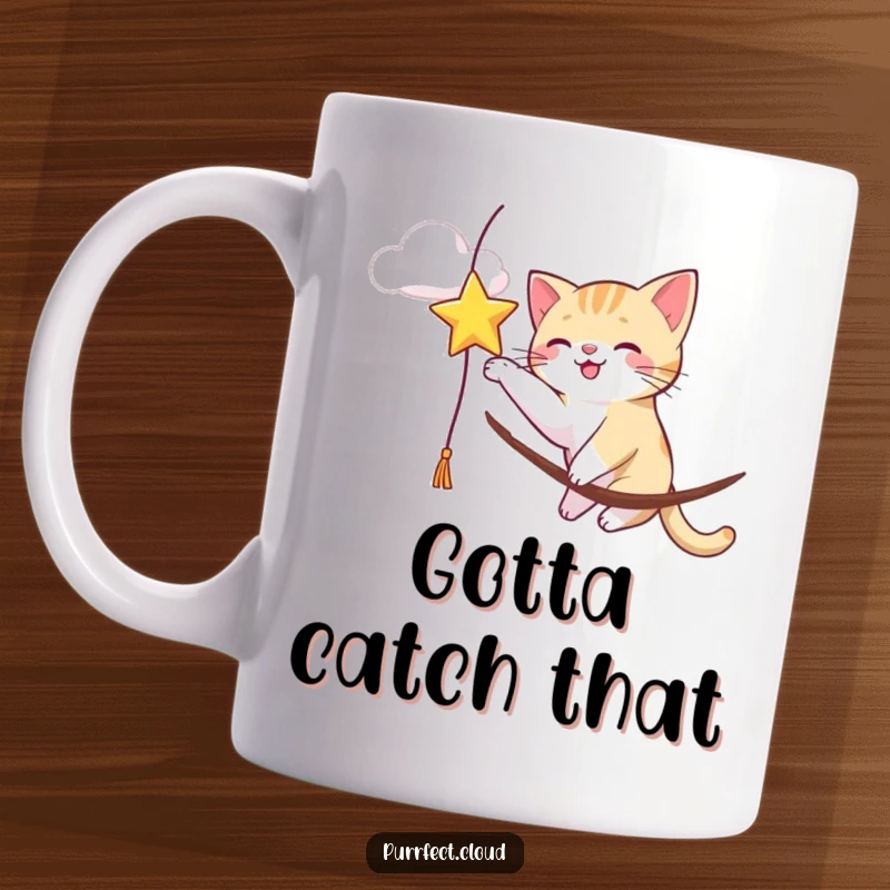 Funny playful cat with wide eyes batting at a dangling golden star from a fluffy white cloud perch on this mug.