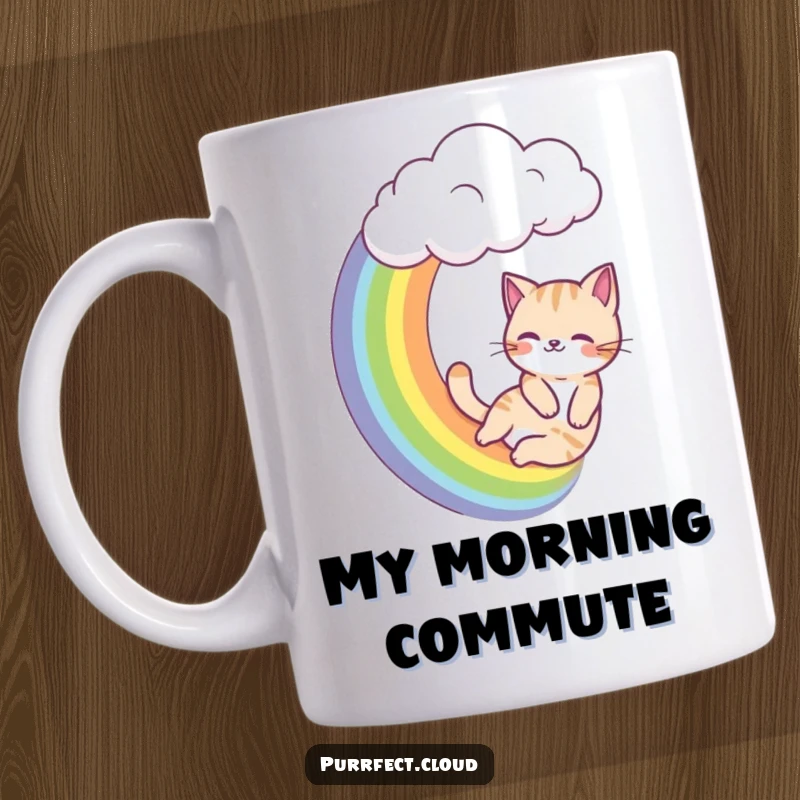 Funny cat mug, a cat slides down a vibrant rainbow emerging from a cloud, whimsical and cheerful art.