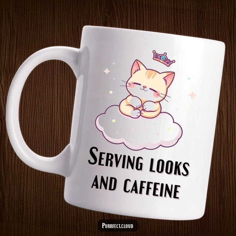 Funny regal cat mug featuring a cat lounging regally on a cloud decorated with sparkles, embodying luxury and comfort.