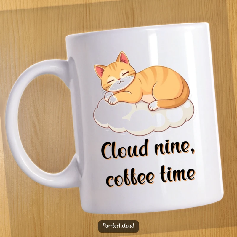 Funny mug with a serene cat stretching gracefully on a fluffy cloud, embodying ultimate relaxation and peace.