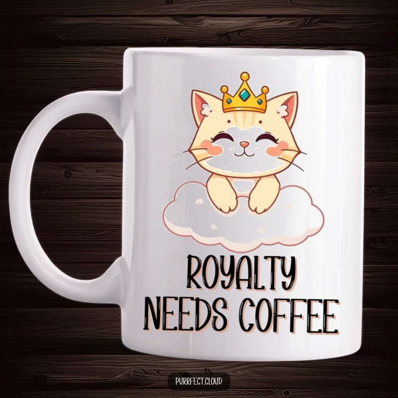 Funny mug showing a cat wearing a tiny crown, looking majestic while reigning from a soft, regal cloud.
