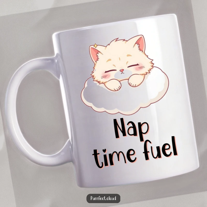 Funny fluffy cat with closed eyes sleeping peacefully on a soft, white, puffy cloud, depicted on a ceramic mug.