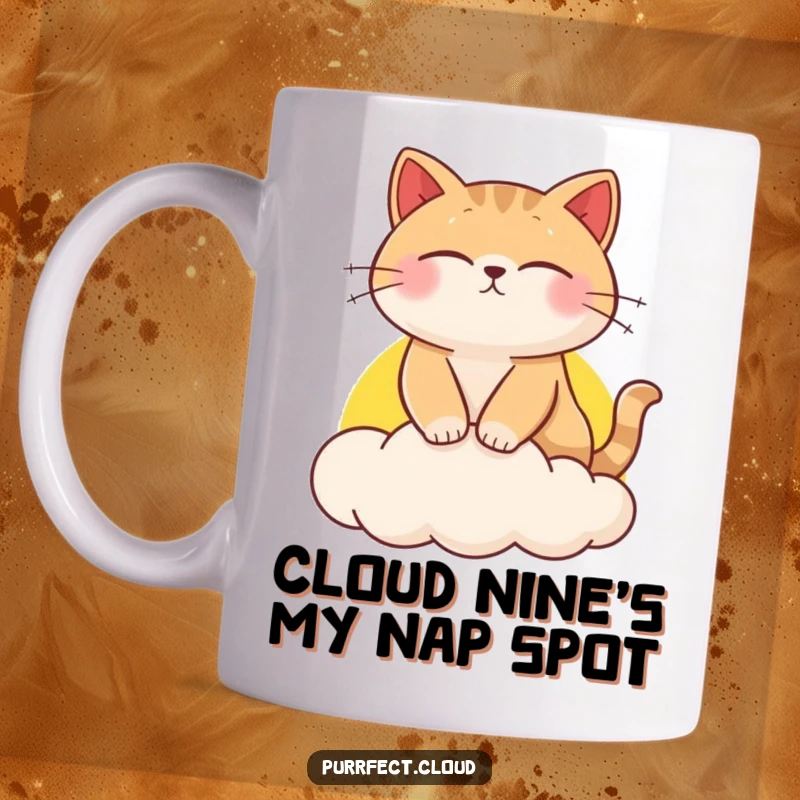 Funny cat mug, eyes closed, dreaming peacefully on a vibrant sunset cloud, serene feline fantasy art.