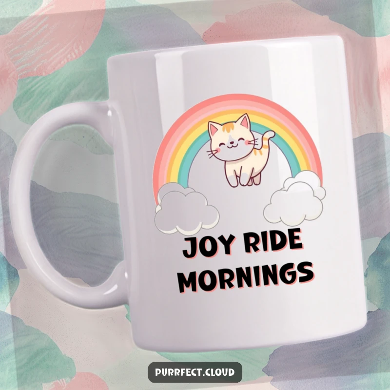 Funny rainbow sliding cat mug, depicting a happy cat gleefully sliding down a vibrant rainbow over fluffy clouds, a joyful gift.