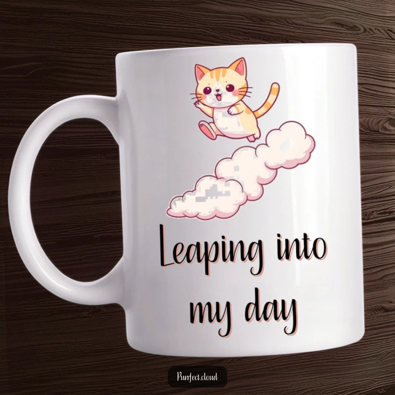 Funny cat mug depicting a determined cat jumping with agility from one cloud to another, action-packed, adventurous spirit, perfect funny gift.