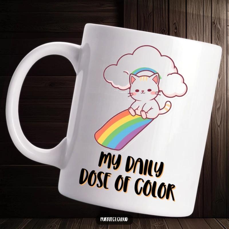 Funny cat character joyfully sliding down a vibrant rainbow from a fluffy cloud, bringing whimsical cheer to this unique mug.