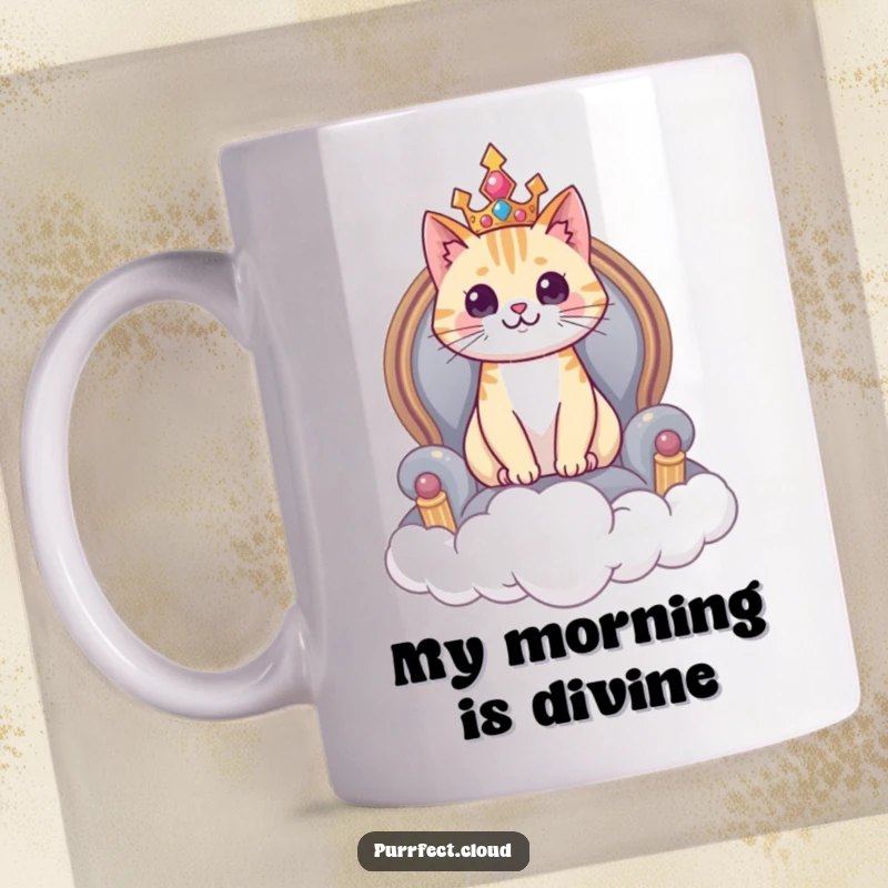 Funny cat mug, a regal cat sits on a plush cloud throne, majestic feline humor illustration.
