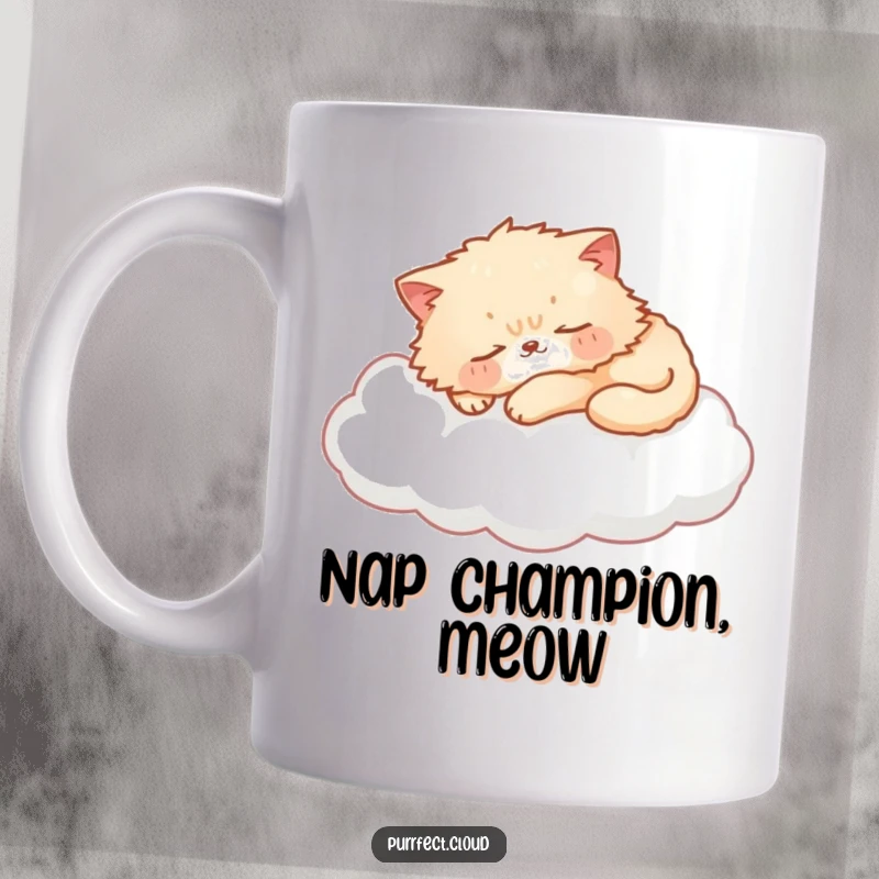 Funny cat mug depicting a fluffy cat sleeping soundly on a soft, pillowy cloud, peaceful slumber, whimsical dream scene, perfect funny gift.