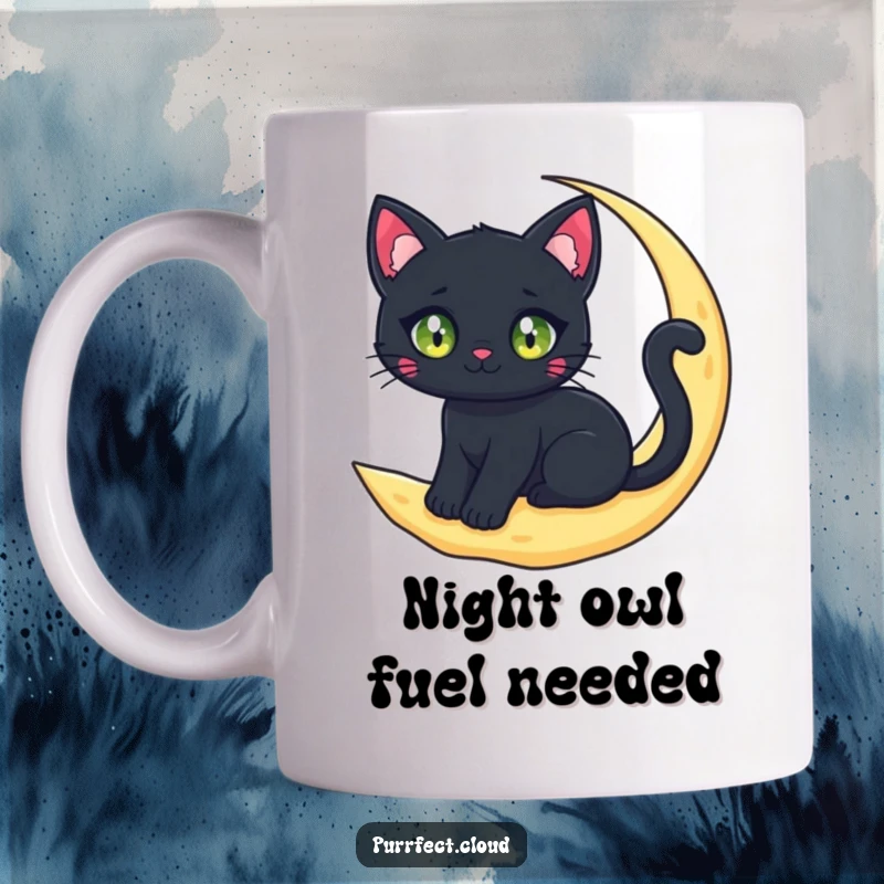 Funny black cat character with sparkling eyes sitting on a crescent moon cloud, printed on a ceramic mug.