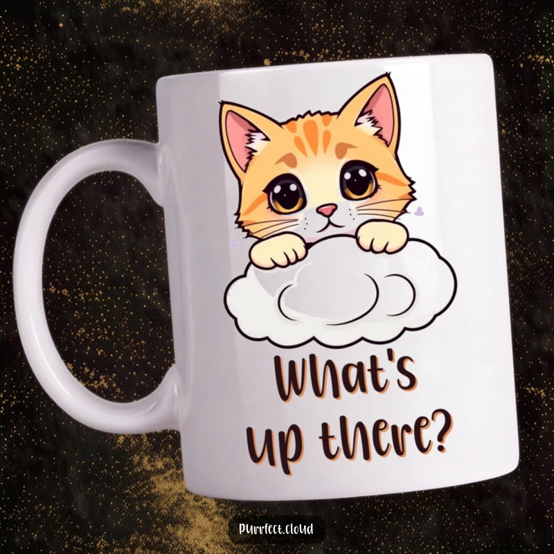 Funny cat mug showing a cute feline inquisitively peering over the fluffy edge of a cloud, perfect for gift ideas.