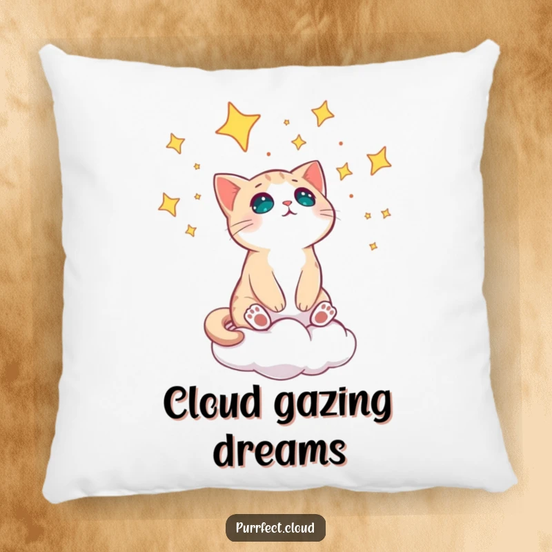 Funny cat on a cloud looking amazed at stars on a soft, decorative pillow.