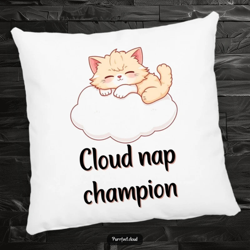 Funny cat pillow depicting a fluffy cat comfortably lounging on a soft, white cloud.