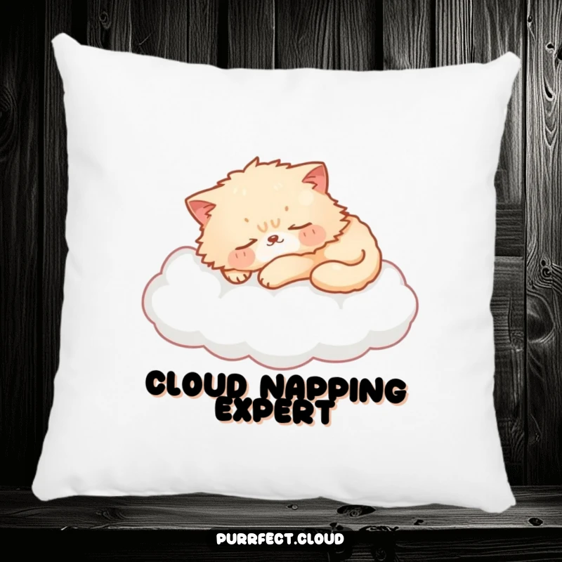 Funny cat pillow featuring a fluffy cat sleeping on a cloud, soft and comfortable, dreamy decor, an ideal funny gift.